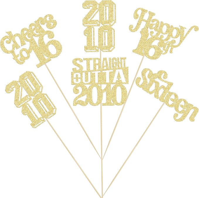 Gyufise 15Pcs Happy 16th Birthday Centerpiece Sticks Sixteen Straight Outta 2010 Table Flower Centerpieces Sticks for Cheers to 16th Birthday Party Supplies Gold