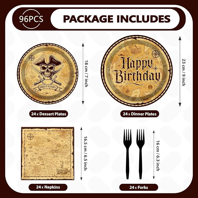Grencian 96Pcs Pirate Birthday Decorations Vintage Pirate Party Plates and Napkins Disposable Paper Tableware Set for Baby Shower Men Treasure Map Theme Birthday Party Supplies, Serves 24
