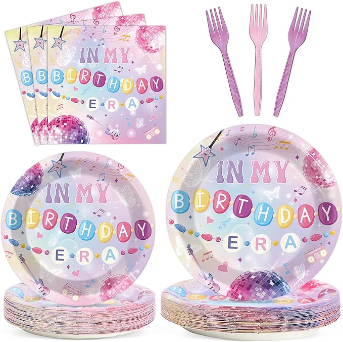 OBUSATT 96 Pcs In My Birthday Era Music Friendship Birthday Party Supplies Pink Singer Themed Disposable Tableware Set Serves 24