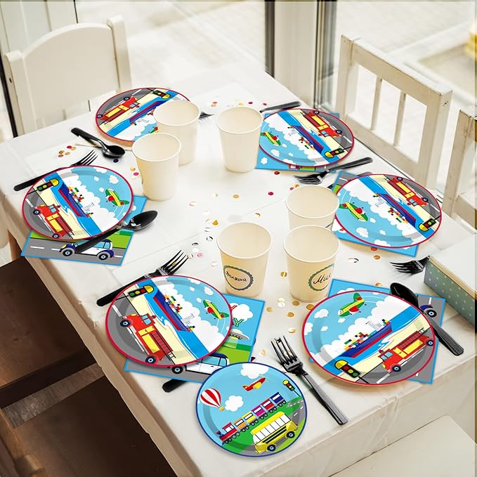 gisgfim 96 Pcs Transportation Plates and Napkins Party Supplies Car Tableware Set Bus Train Plane Ship Traffic Light Decorations Favors for Girls Boys Birthday Baby Shower Serves 24