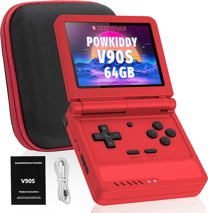 Powkiddy V90S Retro Handheld Console - 10,000+ Preloaded Games, Foldable Clamshell Design, 3.5" IPS Screen, 4-6 Hour Battery, Dual TF Slots (Red)