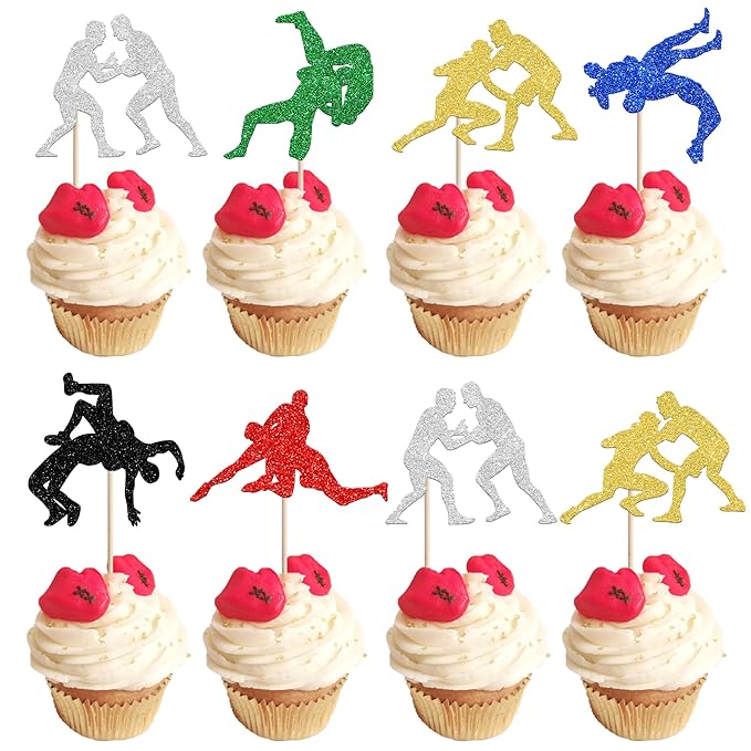 24 PCS Wrestling Cupcake Toppers Glitter Wrestler Birthday Cupcake Picks Wrestling Party Cupcake Decorations for Sport Theme Boys Men Birthday Party Cake Decorations Supplies Colorful