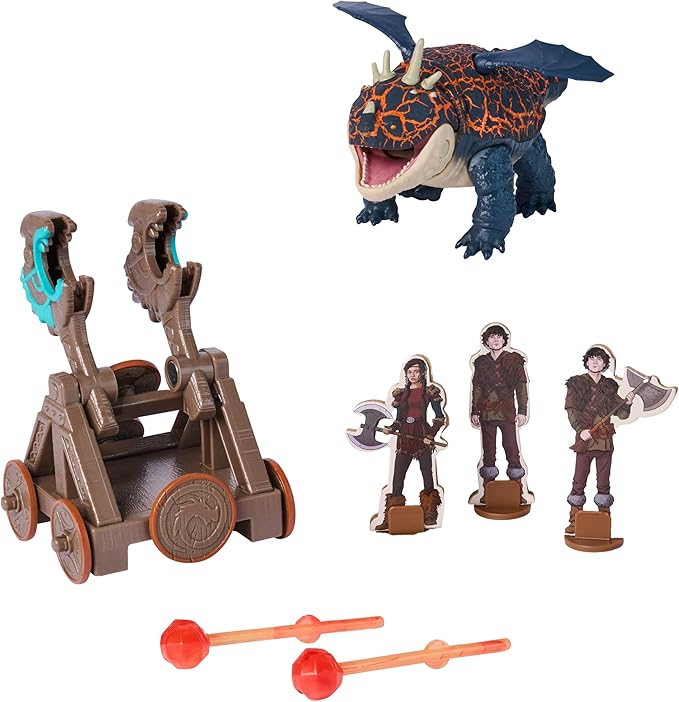 DreamWorks Dragons, Trial of Flame, Blazing Battles Catapult Blast Gronckle Playset, Dragon Figure Playset with 3 Cardboard Viking Figures for Ages 4 and up