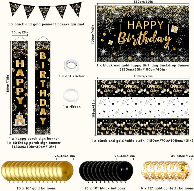 Black and Gold Birthday Decorations for Men Women, 37pcs Black and Gold Party Decorations with Backdrop, Tablecloth, Confetti Balloons, Banner, Balloon Arch Kit for Birthday Party