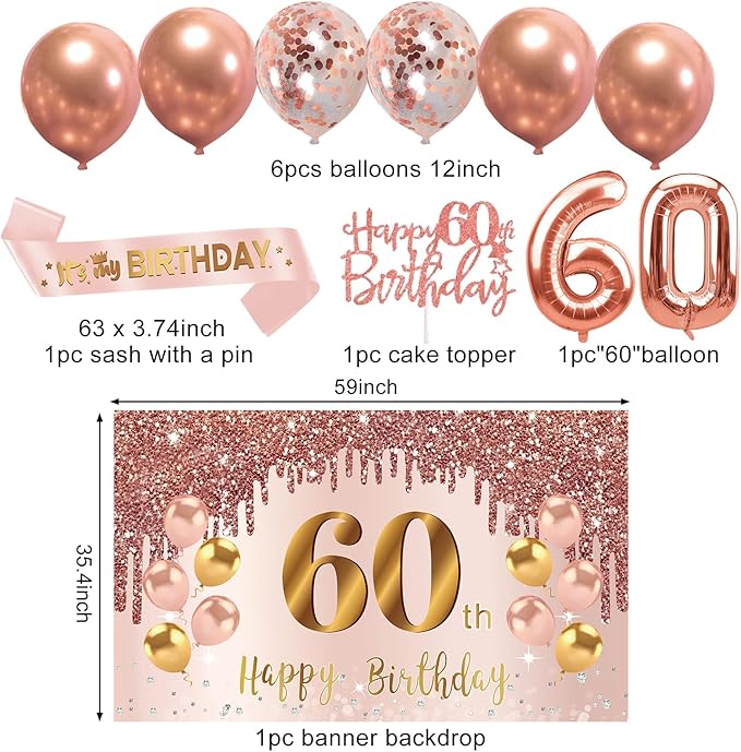 60th Birthday Decorations for Women, Pink Rose Gold Happy 60 years old Birthday Banner Backdrop Sash Table Cake Topper Balloons Honeycomb Centerpieces Hanging Swirls Paper Fans Party Supplies