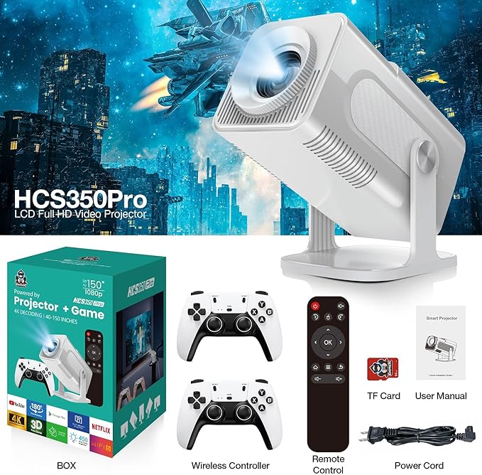 HCS350 Pro Projector and game,Retro 4K Smart Game Projector 1280*1080P Built-in 30000 Games,Portable video game with 2 Wireless Controllers,5G WiFi Bluetooth,HDMI,Android 12,home theater,office