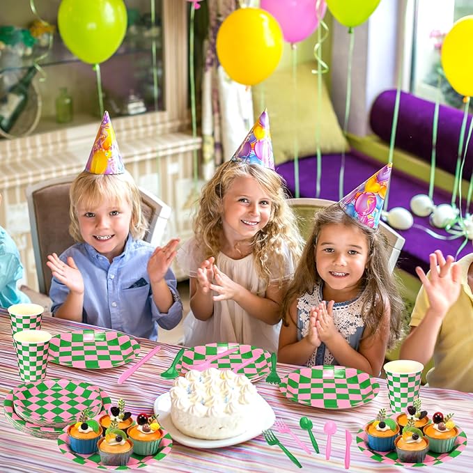 Zhehao 144 Pcs Pink and Green Checkered Party Decor Tableware Pink and Green Gingham Plaid Paper Plates Cup Napkin Knives Fork Spoon for Witch Princess Themed Party Disposable Supplies Serve 24 Guest