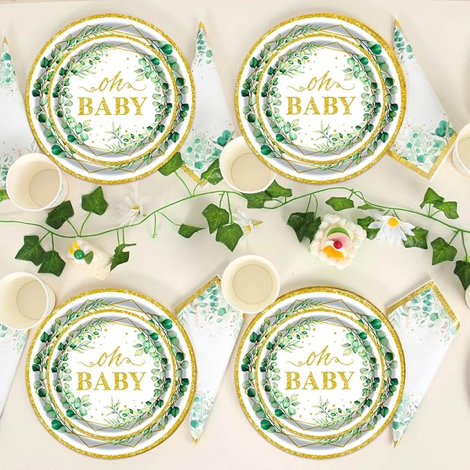Sage Greenery Baby Shower Plates and Napkins Tableware Set - 175pcs Gender Neutral Baby Shower Decorations Oh Baby Party Supplies, Disposable Paper Plates Napkins for Baby Girl Boy Shower Decorations