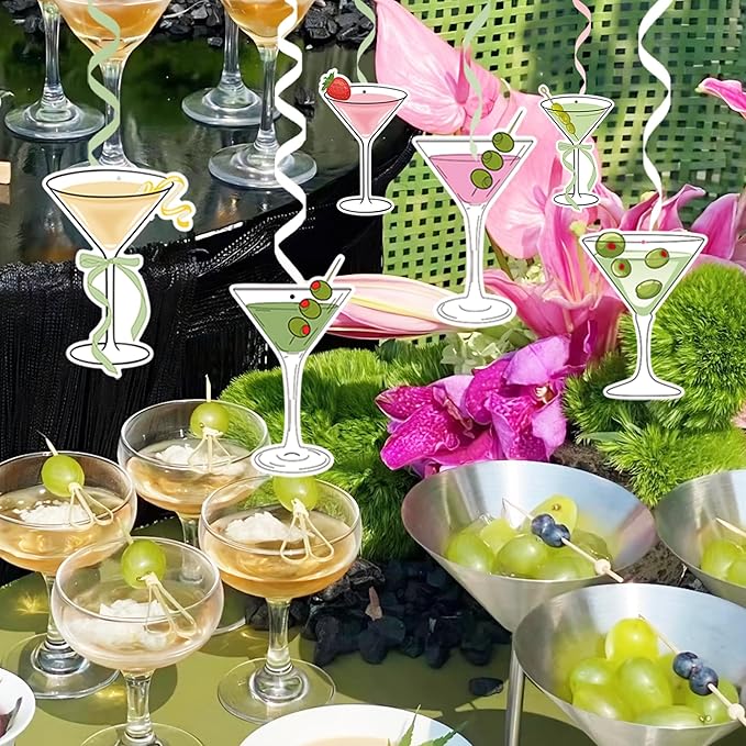 Martini Cocktail Cups Themed Party Decorations - 1pcs Glitter Green Happy Birthday Banner, 2pcs Martini Cocktail Cups Theme Banner Bunting Garlands, 6pcs Martini Themed Hanging Swirls(6 styles)