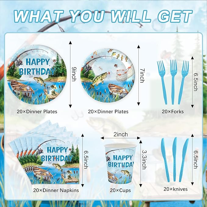 120Pcs Fishing Party Supplies,Disposable Tableware Set,Include Plates Napkins Cups Forks,Little Fisherman Themed Paper Plates Set for Birthday Serves 20