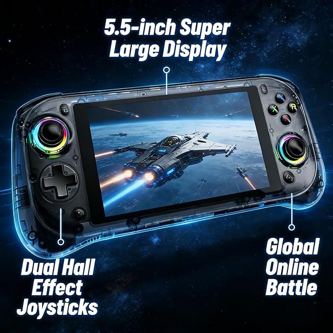 5.5"HD Android Retro Handheld Game Console,Dual Hall Joystick,RGB Lighting,Support most Emulators & 20000+ Games,Portable Ergonomic Design,Global Online Multiplayer,Best Value below Triple Digit Line