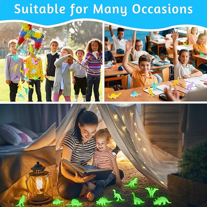 16PCS Glow in Dark Mini Dinosaur Figures for Kids Birthday Party Favors Supplies Dino Cupcake Topper Decoration Goodie Treat Bag Stuffers Pinata Fillers Treasure Carnival Prizes Valentines Day Gifts