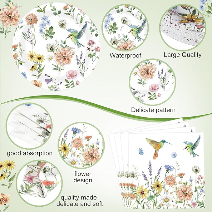 Zhehao 101 Pcs Spring Floral Party Decorations Wildflower Hummingbird Disposable Tableware Floral Paper Plates Napkin Tablecloth Party Decorations for Garden Picnic Baby Shower