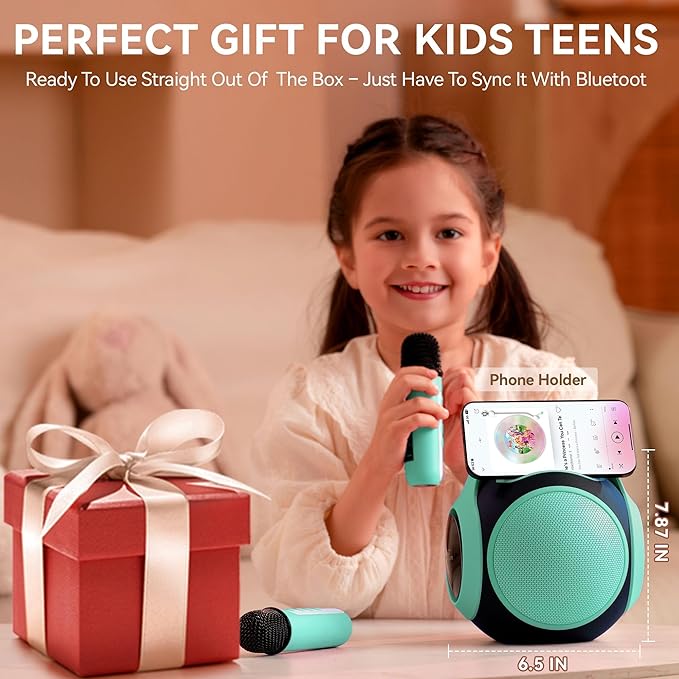 All Rounder Karaoke Machine for Kids Teens, Portable Bluetooth Karaoke Speaker with Two Mics, Voice Changer, Light Effect, Bass Tremolo, Gifts Toys for Girl, Supports USB/TF/AUX for Home Party (Green)