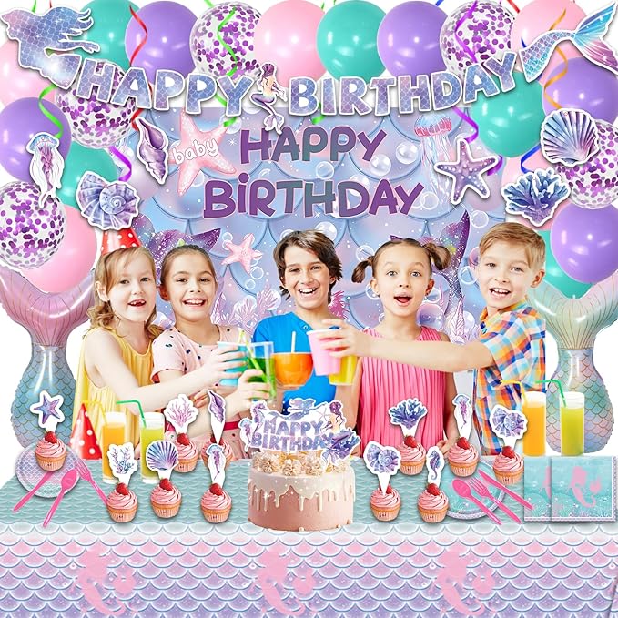 154 Pcs Mermaid Birthday Party Supplies - Mermaid Party Decorations Included Backdrop, Banner, Tablecloth, Hanging Swirls, Cupcake Toppers, Tableware, Paper Towel, Aluminium balloon, Latex Balloons