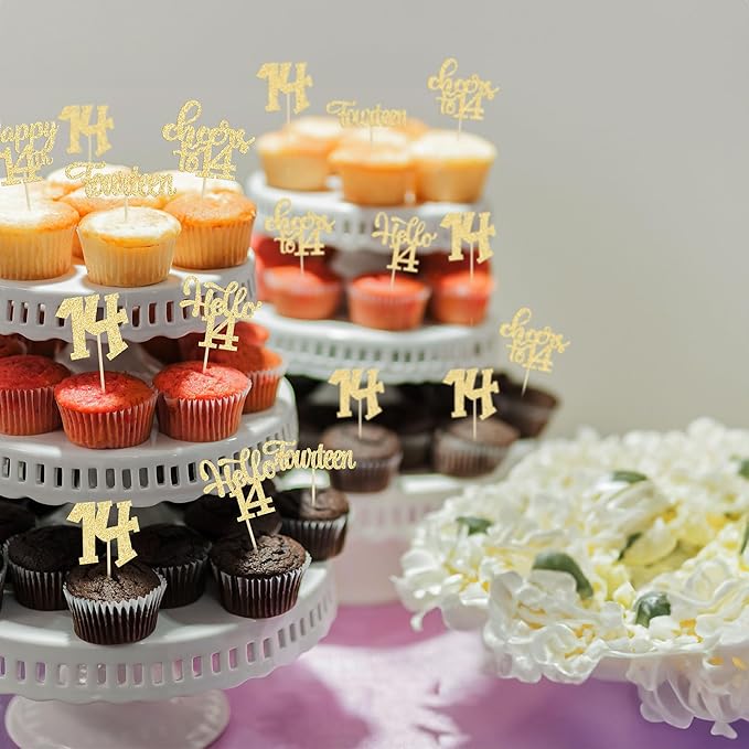 30Pcs 14th Birthday Cupcake Toppers Hello 14 Cupcake Picks Fourteen Cheers to 14 Years Old Cake Decorations for 14th Birthday Anniversary Party Supplies Gold Glitter