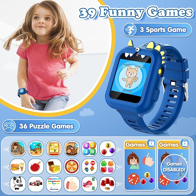 Kids Smart Watch Boys Gift Age 3-12 with 39 Games Alarm Clock Camera Video Music Player Pedometer Flashlight 12/24 hr HD Touch Screen Kids Watch Birthday Boys Gift Toys for 4 5 6 7 8 9 10 Years Olds