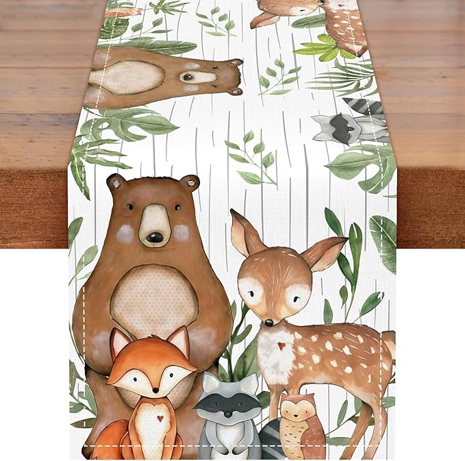 Woodland Baby Shower Decprations, Wild Animal Birthday Decorations, Woodland Birthday Table Runner, Forest Wild Creatures Baby Shower Table Covers for Boy Girl Neutral Gender Reveal Decor