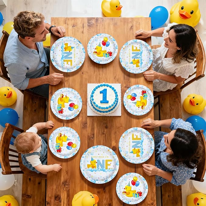 96Pcs Duck 1st Birthday Party Decorations Duck One Birthday Bubble Bath Plates and Napkins Set Blue Yellow Ducks Decoration for Boys Girls 1 Year Old Ducky Baby Shower Party Supplies Serves 24