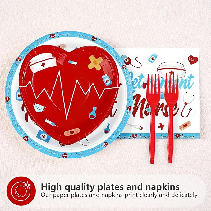 96Pcs Nurse Retirement Party Decorations Red and Blue Happy Retirement Plates and Napkins RN Theme Tableware Set for Retired Medical Staff Doctor Party Supplies Serves 24