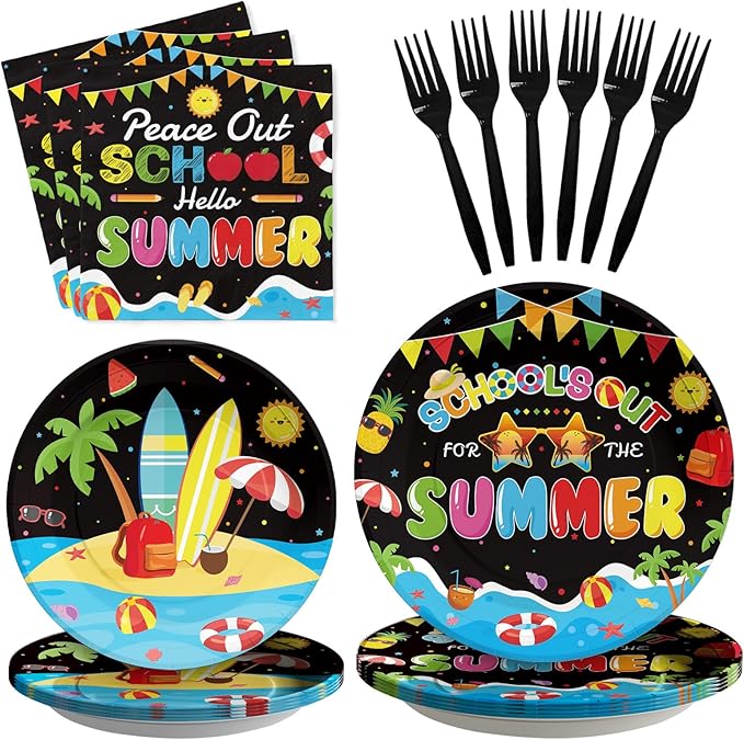 96 Pcs School's Out for The Summer Decorations Peace Out School Hello Summer Plates and Napkins End Of The School Year Tableware Set for Kids Class Of 2025 Preschool Graduation Party Supplies Serve 24