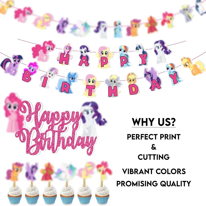 Magical Pony Theme Birthday Party Supplies – Pny Birthday Decorations Set for Girls – Includes Happy Birthday Banner, Cake Topper, Cupcake Toppers, Party Favors – Décor Kit