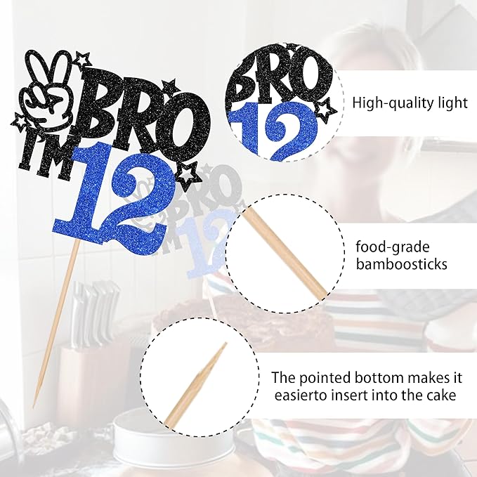 1 PCS Brother I'm 12 Cake Topper Glitter Star Happy 12th Birthday Cake Pick Bro I'm 12 Cake Decoration It's My 12th Birthday Decorations for Boys Cheers to 12 Years Old Birthday Party Supplies Blue