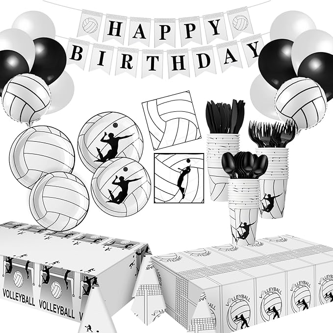 Zhehao 143 Pcs Black Volleyball Birthday Decorations Party Supplies Serves 24 Include Volleyball Themed Plate Fork Napkin Cup Banner Balloon Tablecloth for Sports Theme Birthday Party Favor