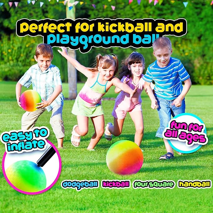 Rainbow Playground Ball - 8.5Inch (Pack of 1) Rubber Bouncy Inflatable Balls for Kids and Adults, Indoor and Outdoor Games, Kickball, Dodgeball, Four Square, and More