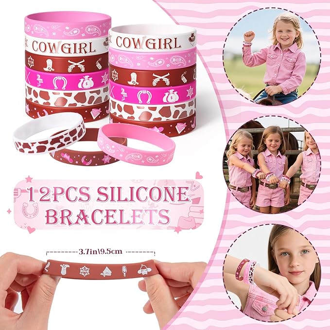 Winrayk 124Pcs Cowgirl Party Favors Hot Pink Birthday Supplies for Girls, Gift Bags Straws Silicone Wristband Mini Hat Keychain Tattoo Sticker, Hot Pink Rodeo Horse Disco Cowgirl Party Favors Supplies