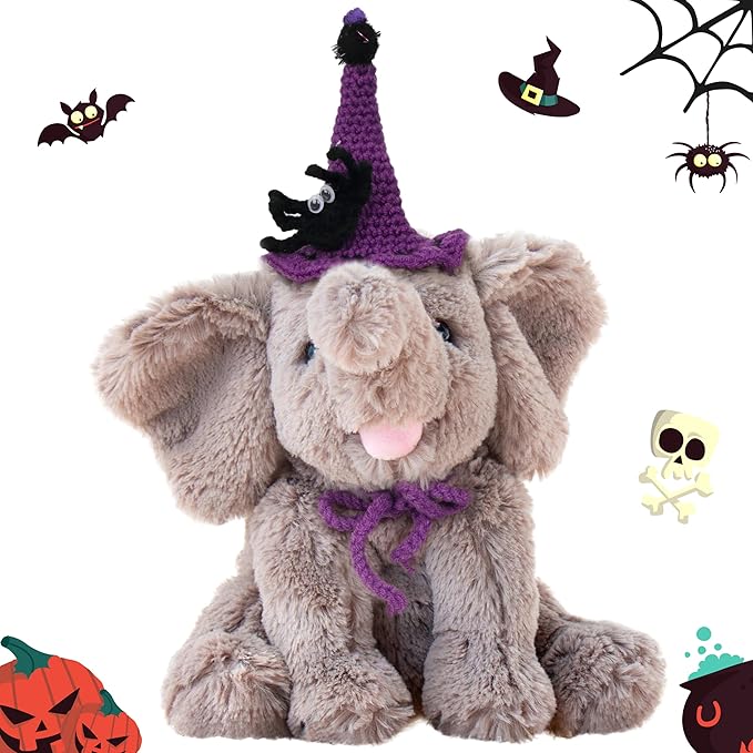 Hopearl Adorable Halloween Plush Calf Elephant Toy with Knitted Witch Hat Floppy Elephish Ultra Soft Stuffed Animal for Boys Girls Kids Toddlers, Gray, 10''