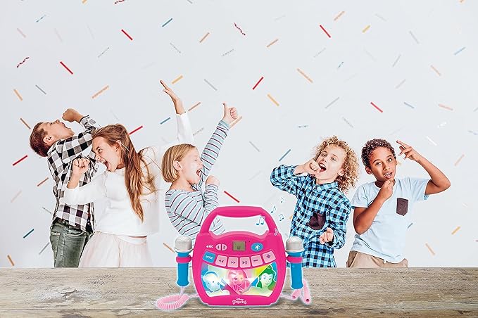 LEXiBOOK – Disney Princess - Portable Karaoke Digital Player for Kids – Microphones, Light Effects, Bluetooth, Record and Voice Changer Functions, Rechargeable Battery, Pink, MP320DPZ