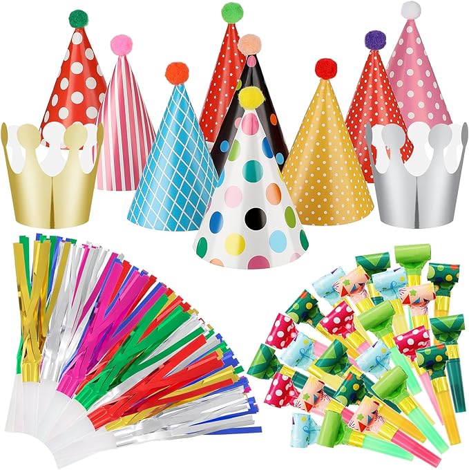 Skylety 59 Pieces Party Cone Hats with Colorful Blowers and Metallic Fringed Noisemakers Birthday Blowouts Horns Whistles Musical Noisemaker for Adults Birthday Party Supplies
