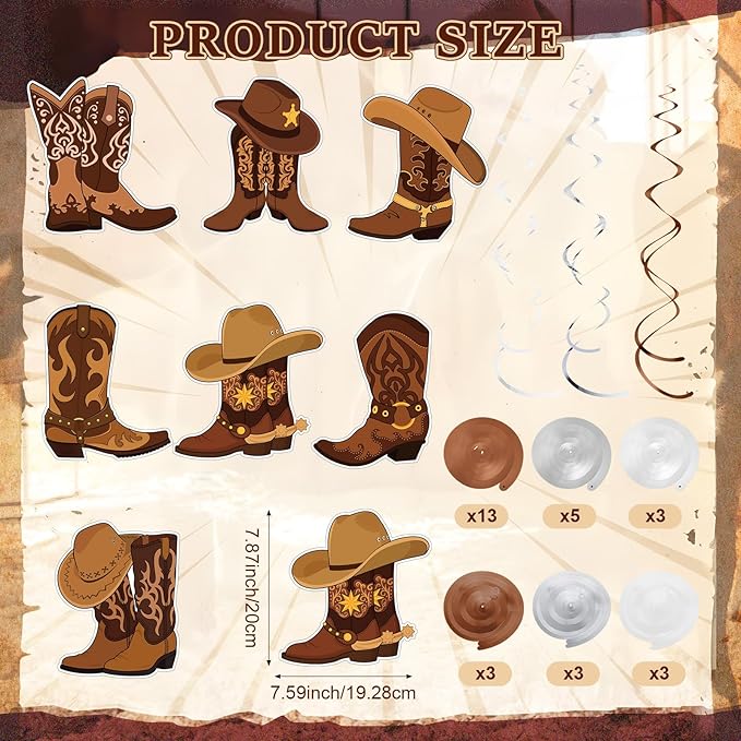 Faccito 51 Pcs Western Party Decorations Western Boots Hanging Swirls for West Cowboy Themed Baby Shower Birthday Party Ceiling Decor Supplies