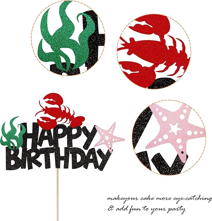 1 Pack Crawfish Happy Birthday Cake Topper Glitter Lobster Starfish Seaweed Theme Birthday Cake Pick for Baby Shower Birthday Ocean Party Cake Decoration Supplies Black