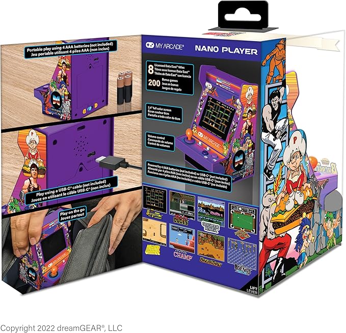 MY ARCADE Data East Hits Nano Player - 4.5" Fully Playable Portable Mini Arcade Machine with 208 Retro Games, 2.4" Screen Color Display