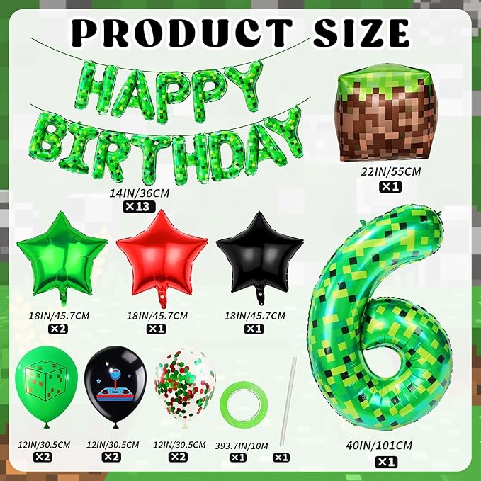 40in Pixel Number 6 Balloon Birthday Decorations, Miner Theme Foil Balloons banner Blast Gaming Party Supplies