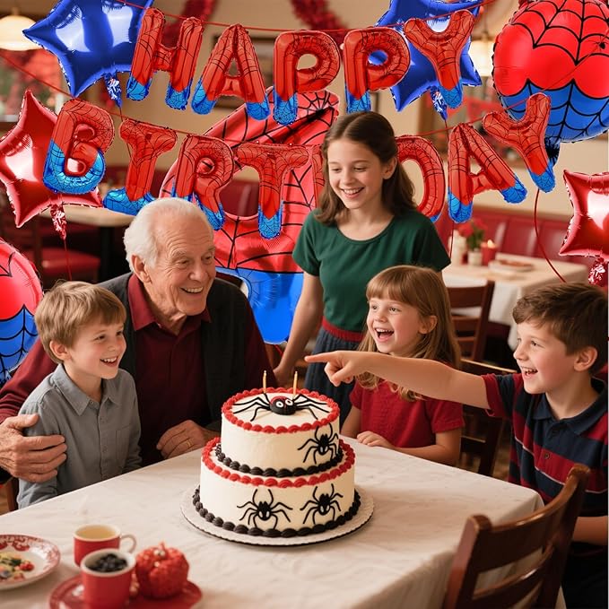 Spider Themed Happy Birthday Banner Party Decorations Set Including 40 Inch Number 4 Foil Balloons, Themed Party Essentials, Colorful Superhero Backdrop Supplies for Boys Indoor Outdoor Celebration
