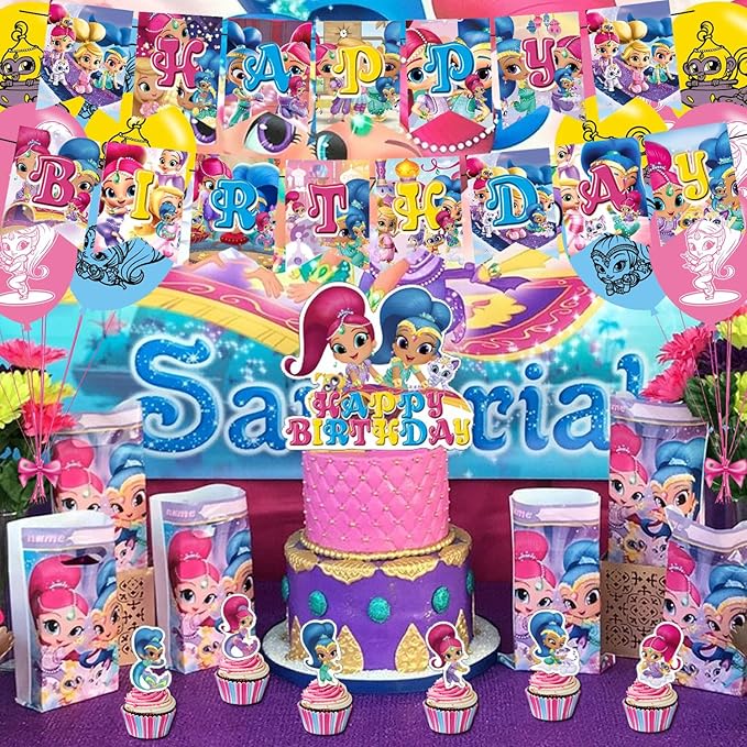 ELZEM Shimmer and Shine Party Decorations,Girl Birthday Party Supplies Includes Banner- Cake Topper - 12 Cupcake Toppers - 18 Balloons, Blue