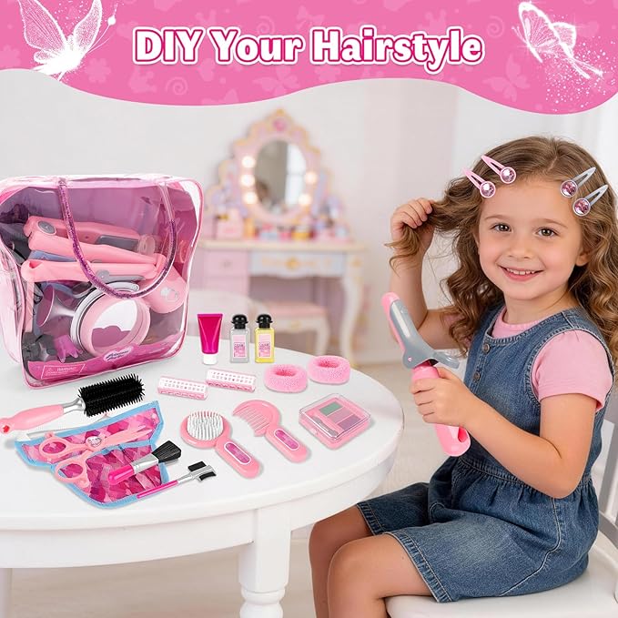 deAO Hair Salon Toys for Girls Beauty Salon Set Kids Pretend Hair Styling Set with Hairdryer, Mirror, Curling Iron and Stylist Accessories for Toddler Makeup Party Christmas (Fake Makeup)