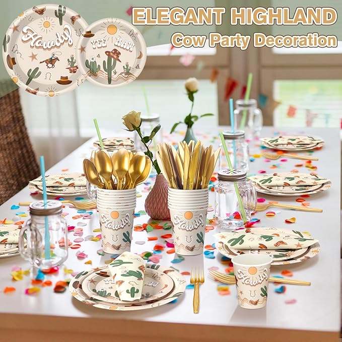 168 Pcs Western Rodeo Country Birthday Party Supplies First Rodeo Cowboy Birthday Party Decorations, Howdy Cowgirl Supplies, Yeehaw Boho Western Baby Shower Favors, Wild West Theme Tableware