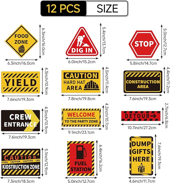 12 Pcs Construction Party Decor Sign, Building Sign Party Decoration, Craft Building Theme Party Signs, Warning Traffic Road Area Signs, Boys Kids Birthday Building Party Supplies
