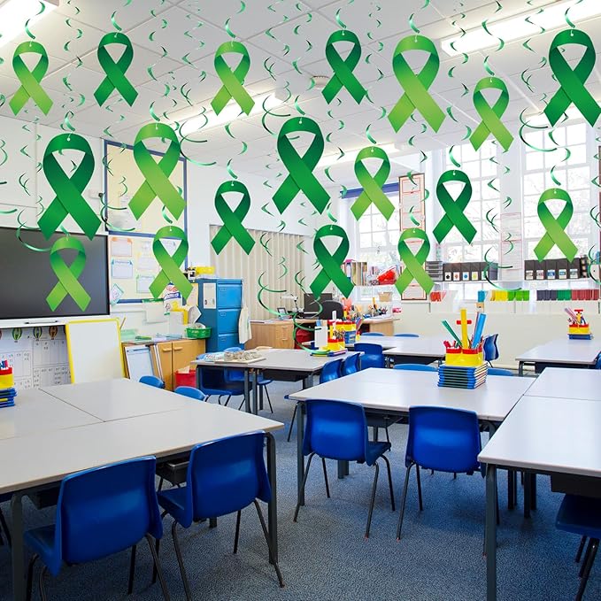 Faccito 54 Pcs Mental Health Awareness Month Decorations Mental Month Ribbon Hanging Swirls Hope Green Ribbons for Party Decor Supplies