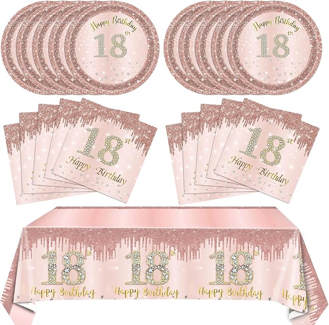 41Pcs 18th Birthday Decorations for Girls Her,Awesome Since 2008 Birthday Tableware Kit,Rose Gold Birthday Party Supplies Include Paper Plates and Napkins ,Tablecloth Set for Teen Princess Party