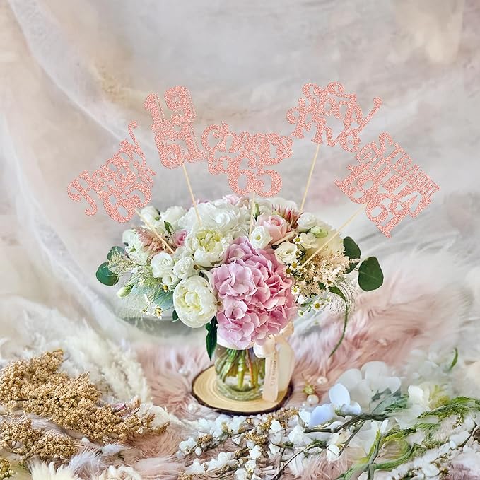 Gyufise 15Pcs Happy 65th Birthday Centerpiece Sticks Sixty Five Straight Outta 1961 Table Flower Centerpieces Sticks Cheers to 65 Decorations for 65th Birthday Party Supplies Rose Gold