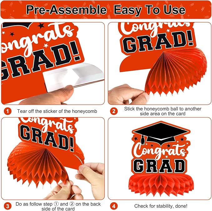 8 Pieces Class of 2026 Graduation Table Decorations - 2026 Congrats Grad Honeycomb Centerpieces, Graduation Table Toppers Decor for 2026 Graduation Party Decorations Favor Supplies, Orange