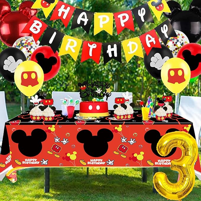 Cartoon Mouse 3rd Birthday Party Decorations - 3 Years Old Boy Party Supplies Includes Birthday Banner Garland, Door sign, Tablecloth, Cake Cupcake Toppers, Mouse Head Balloons, Latex Balloons