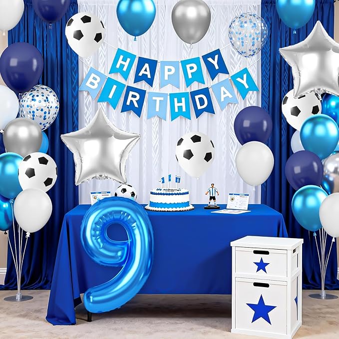 Soccer Party Decorations for Boys, 9th Soccer Birthday Decoration with Blue White Silver Balloons 'HAPPY BIRTHDAY' Banner Cake Toppers 32in Foil 9 Balloon for Boys Birthday Decor