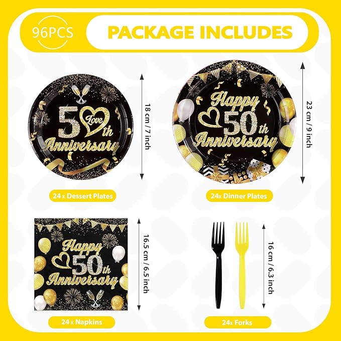 96Pcs 50th Anniversary Decorations Black Gold 50th Wedding Anniversary Plates and Napkins Tableware for 50 Year Anniversaries Decorations Serve 24