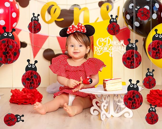 Amyhill 12 Pcs Large Ladybug Birthday Party Decorations Hanging 3D Ladybug Honeycomb Centerpieces Table Toppers Decoration for Birthday Baby Shower Party Supplies